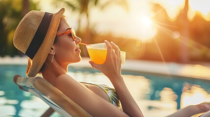 Summer vacation happy relaxing young woman lying on deckchair drinking fresh juice on pool background : Generative AI - Powered by Adobe