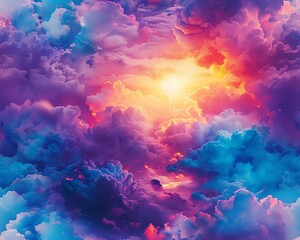 Transform Utopian Dreams into a surreal, eye-level landscape with vibrant hues merging into ethereal clouds, resembling a digital watercolor masterpiece
