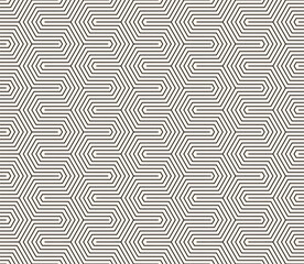 Modern monochrome vector geometric seamless pattern with thin lines, hexagon grid, quirky stripes. Black and white abstract background. Simple trendy minimalist linear texture. Repeated minimal design