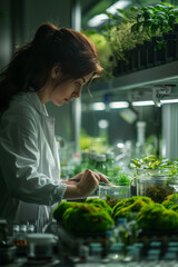 Female scientist working in laboratory with plant samples and test tubes.