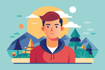 Fototapeta premium A man is standing in front of a vast landscape, gazing at the view, Empty Customizable Flat Illustration