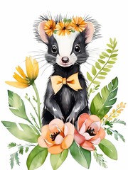 Baby Skunk Flower Crown Bowties Woodland Animal Nursery Decor, Generative AI Illustration 