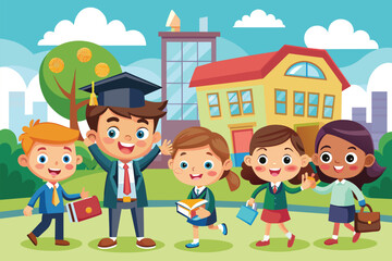 A group of diverse children standing in front of a school building, looking excited and ready to start the day, End of school Customizable Cartoon Illustration