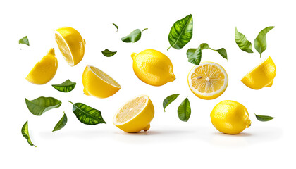 Fresh raw whole and cut lemons with green leaves falling in the air isolated on white background