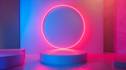 Abstract surreal scene  empty stage with cylinder podium and circle shape on holographic neon colored background Pedestal for cosmetic beauty product packaging mockups display presenta : Generative AI