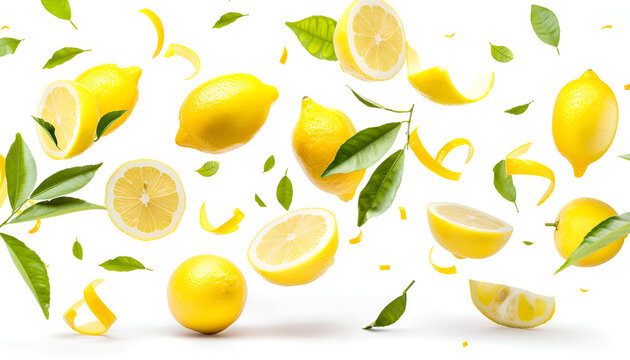 Fresh raw whole and cut lemons with green leaves falling in the air isolated on white background