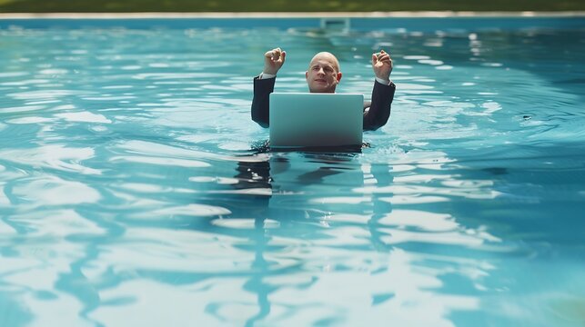 Businessman in suit with laptop in swimming pool Crazy business man on summer vacation Excited businessman in wet suit in swim pool Funny business man crazy comic business concept Remo : Generative AI