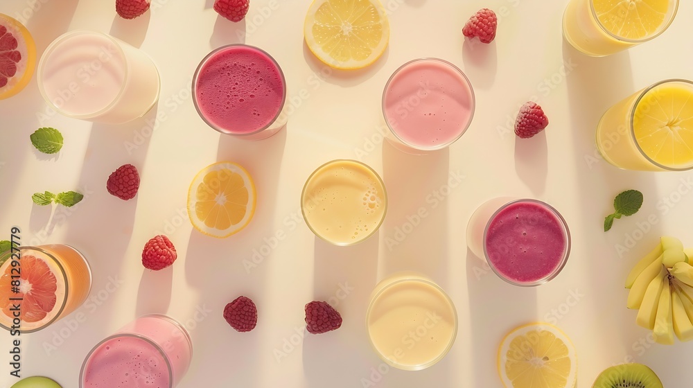 Aufkleber creative layout made of smoothies and fruits around flat lay food concept smoothies on the white bac