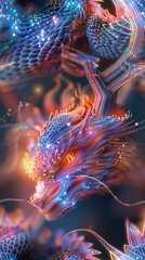 Capture a mesmerizing close-up of a majestic dragon intertwined with holographic circuits, highlighting intricate scales reflecting neon lights