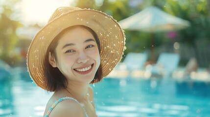 Portrait beautiful young asian woman relax smile enjoy leisure around swimming pool in resort hotel...