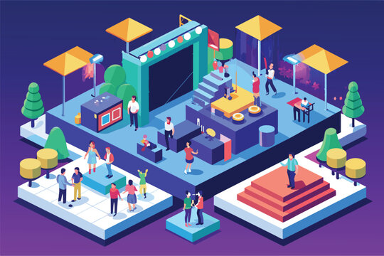 Crowd of individuals gathered around a stage, engaged in an event, Events Customizable Isometric Illustration