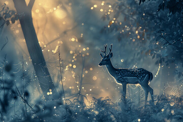 Portrait of a deer early in the morning in a forest surrounded by the fireflies 