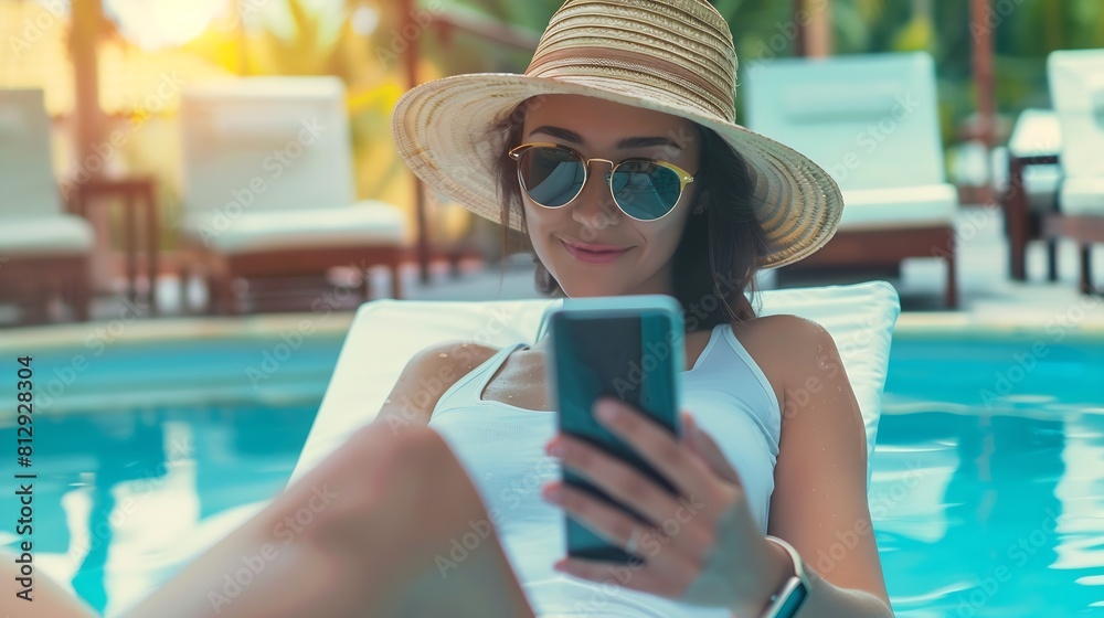 Poster young woman traveler relaxing and using a mobile phone by a hotel pool while traveling for summer va