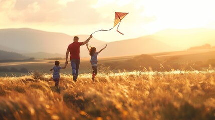 family running through field letting kite fly : Generative AI - Powered by Adobe