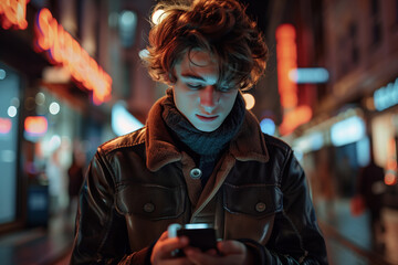 Obraz premium Caucasian man using mobile phone at night on city street.