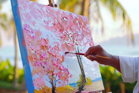 Black African female hand with paintbrush painting a picture of a pink blooming tree in the garden. Art, creativity and inspiration concept.