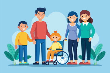 Diverse group of individuals, including a family with a disabled child, standing closely side by side, Family with a disabled child Customizable Flat Illustration