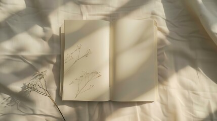 Open notepad blank sheets and floral sunlight shadows on a neutral beige linen background mock up with copy space aesthetic writer blog design template : Generative AI