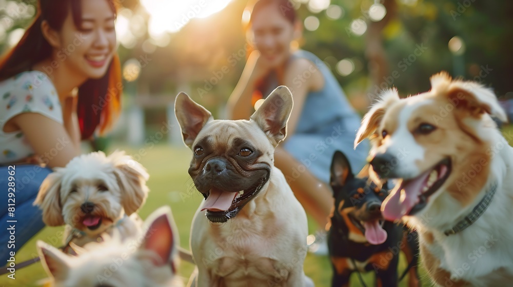 Wall mural asian woman friends with her dogs having fun urban outdoor activity lifestyle playing together durin