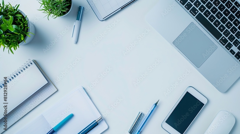 Poster white office desk with laptop and supplies top view with copy space flat lay : generative ai