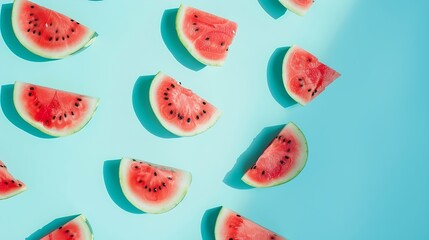 Modern retro color theme pattern of watermelon graphics against an aqua blue background with negative copy space : Generative AI