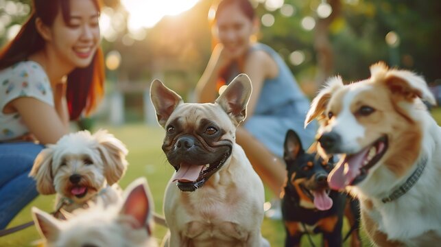 Asian woman friends with her dogs having fun urban outdoor activity lifestyle playing together during meeting party at pets friendly dog park cafe on summer vacation Pets ownership com : Generative AI
