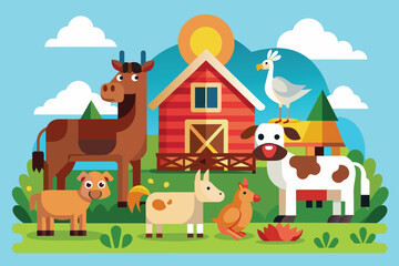 Various farm animals are in the scene with a barn in the background, Farm animals Customizable Flat Illustration
