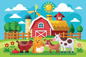 A farm scene featuring various farm animals in a barn setting, Farm animals Customizable Flat Illustration
