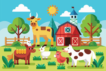 Cows and chickens on a farm with a red barn in the background, Farm animals Customizable Semi Flat Illustration