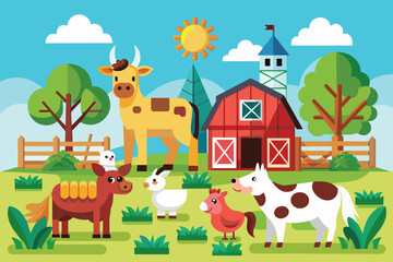 Obraz premium Cows and chickens on a farm with a red barn in the background, Farm animals Customizable Semi Flat Illustration