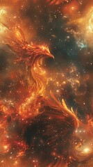 Craft an image featuring a cosmic phoenix blending with quantum machinery, emphasizing fiery plumage against a backdrop of cosmic clusters and flowing energy streams