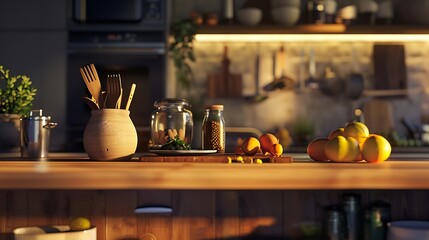 Obraz premium Kitchen stand for product presentation with utensils on wooden table : Generative AI
