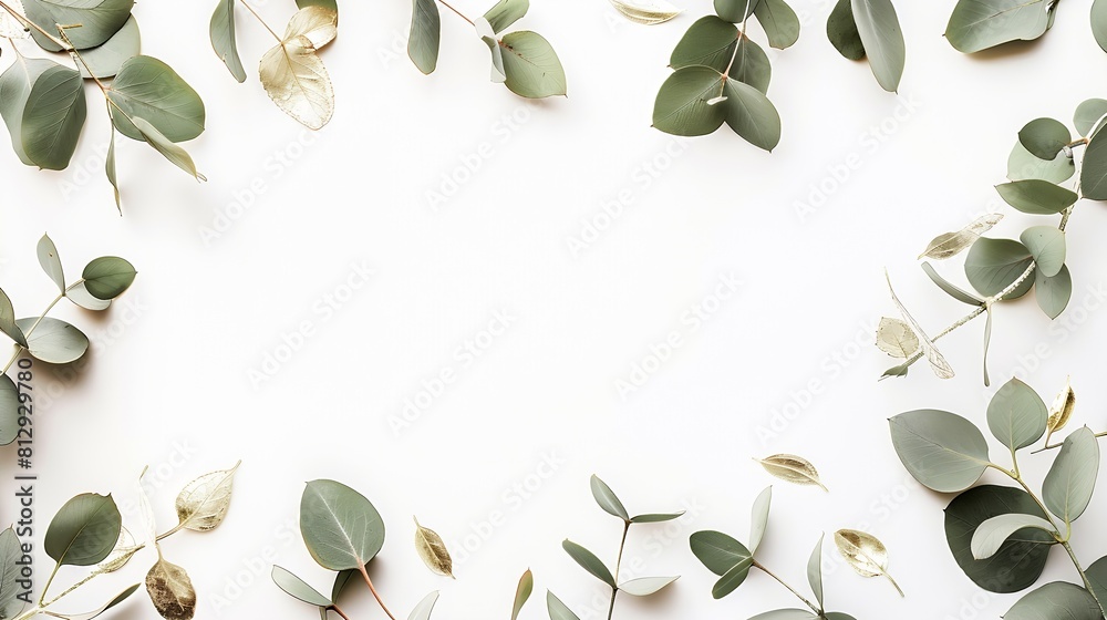 Poster Borders of the frame of gold branches eucalyptus leaves on a white background flat layout top view : Generative AI