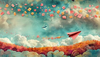 Design a whimsical digital collage featuring a paper plane made of love notes gliding over a patchwork landscape of aviation symbols and romantic motifs