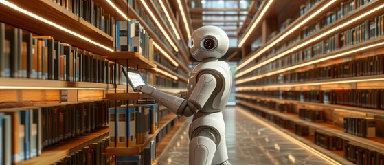 Within the confines of a futuristic library, a robotic librarian stands ready to assist patrons, retrieving books and guiding them to the information they seek.