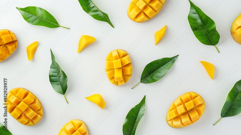 Poster creative layout made of mango on the white background flat lay food concept : generative ai