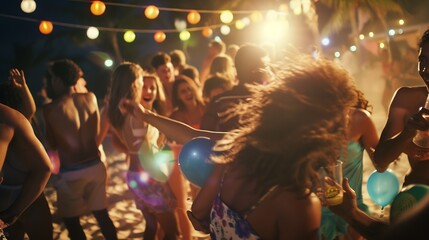 Large group of young people enjoying a beach party : Generative AI