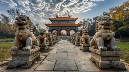 The Zhaoling Tomb in Shenyang China part of the Ming dynasty tombs known for its large stone sculptures of animals leading to the mausoleum set within