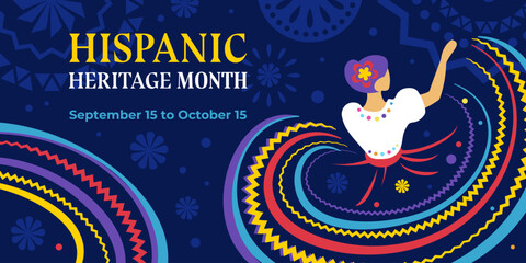Hispanic heritage month. Vector web banner, poster, card for social media, networks. Greeting with national Hispanic heritage month text, flowers and dancing woman on floral pattern blue background