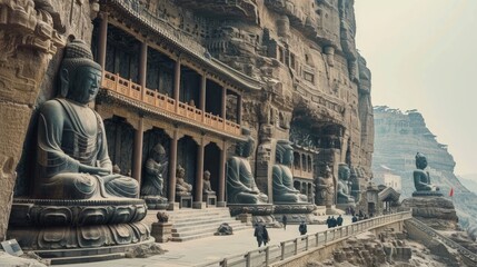 The Yungang Grottoes in Datong China an impressive collection of ancient Buddhist temple grottoes carved into the mountainside featuring statues and r
