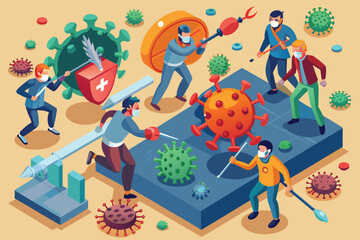 Fototapeta premium Group of People Wearing Masks and Holding Tools, Fighting against coronavirus Customizable Isometric Illustration