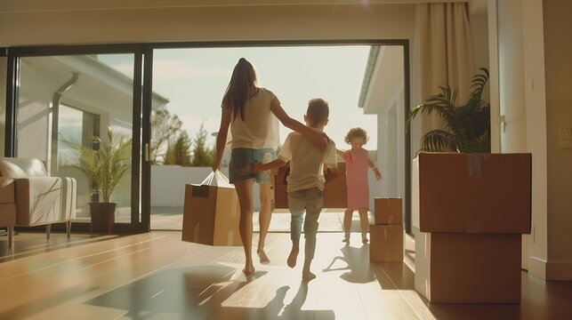 Happy family with children moving with boxes in a new apartment house Back view : Generative AI