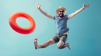 Happy funny energetic excited man office worker in a sun hat sunglasses and beach ring jumping and having fun in the office Summer holiday vacation work leave annual leave concept : Generative AI