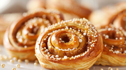 Close-up image of swedish kanelbullar, traditional cinnamon buns topped with pearl sugar, perfect for fika or breakfast pastry display