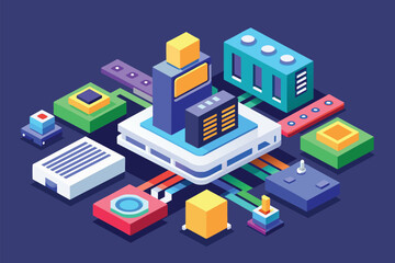 Various types of electronic gadgets such as laptops, smartphones, tablets, and cameras are arranged in a group, Firmware Customizable Isometric Illustration