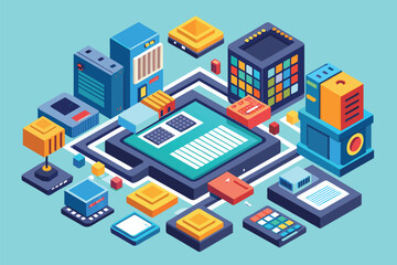 Obraz premium Tablet surrounded by diverse electronic gadgets in a busy setting, Firmware Customizable Isometric Illustration