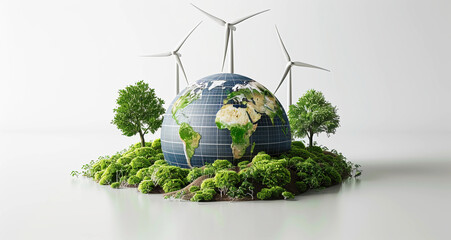 The earth surrounded by green bushes, trees and windmills isolated on a white background with copy space for text