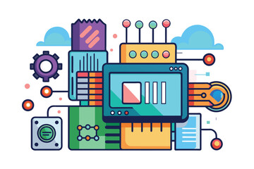 A computer screen is surrounded by various electronic devices in a modern setting, Firmware Customizable Semi Flat Illustration