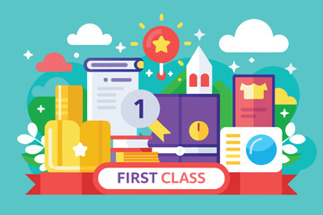 A first class banner displaying books and a magnifying glass in a customizable flat illustration, First class Customizable Flat Illustration