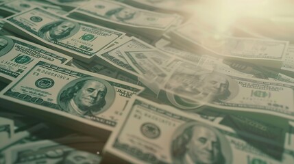 Many one hundred and fifty dollar bills on flat background surface close up Flat lay top view Abstract success or business concept : Generative AI